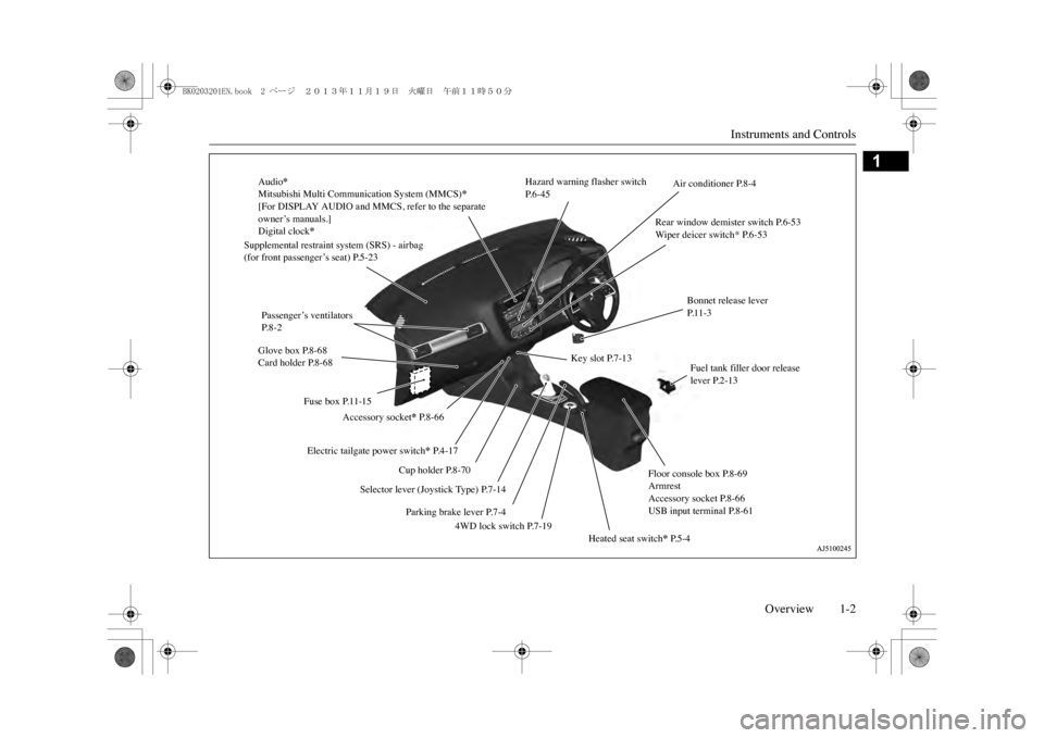 MITSUBISHI OUTLANDER SPORT 2014 3.G Owners Manual Instruments and Controls
Overview 1-2
1
Audio
*
Mitsubishi Multi Communication System (MMCS)
*
[For DISPLAY AUDIO and MMCS, refer to the separate owner’s manuals.]Digital clock
*
Accessory socket
* 