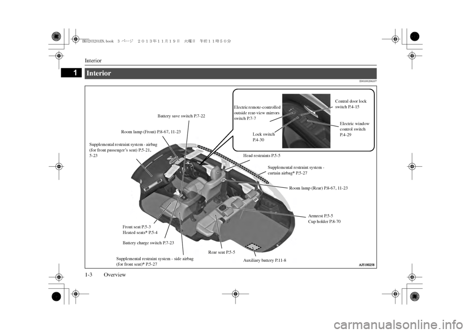 MITSUBISHI OUTLANDER SPORT 2014 3.G Owners Manual Interior1-3 Overview
1
E00100206107
Interior Supplemental restraint system - airbag (for front passenger’s seat) P.5-21, 5-23
Room lamp (Front) P.8-67, 11-23Front seat P.5-3Heated seats
* P.5-4
Supp