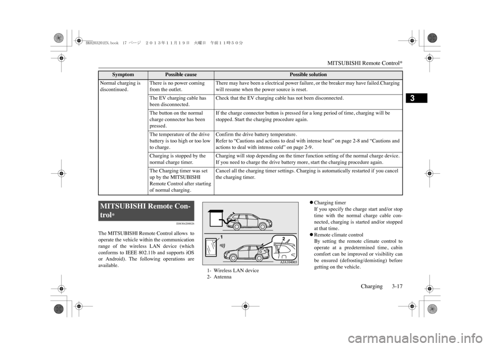 MITSUBISHI OUTLANDER SPORT 2014 3.G Owners Manual MITSUBISHI Remote Control*
Charging 3-17
3
E08304200026
The MITSUBISHI Remote Control allows  tooperate the vehicle within the communicationrange  of  the  wireless  LAN  device  (whichconforms  to  I