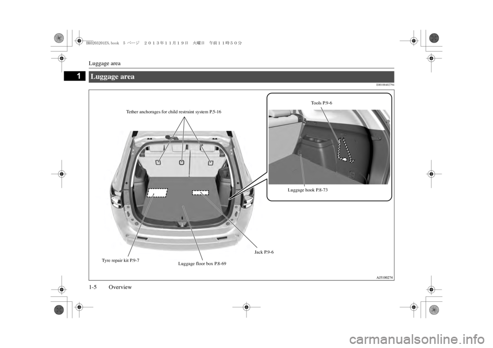 MITSUBISHI OUTLANDER SPORT 2014 3.G Owners Manual Luggage area1-5 Overview
1
E00100402794
Luggage area 
To o l s   P. 9 - 6
Luggage hook P.8-73
Ty r e   r e p a i r   k i t   P. 9 - 7
Tether anchorages for child restraint system P.5-16
Jack P.9-6
Lug