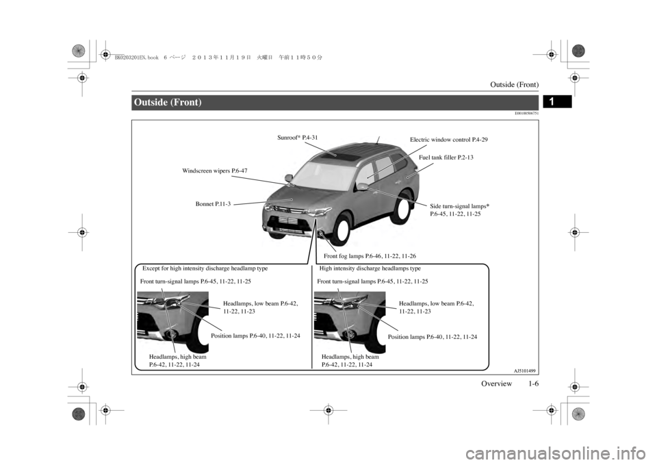 MITSUBISHI OUTLANDER SPORT 2014 3.G Owners Manual Outside (Front)
Overview 1-6
1
E00100506751
Outside (Front) 
Side turn-signal lamps
* 
P. 6 - 4 5 ,   1 1 - 2 2 ,   1 1 - 2 5
Front fog lamps P.6-46, 11-22, 11-26
Front turn-signal lamps P.6-45, 11-22