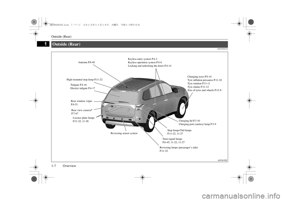 MITSUBISHI OUTLANDER SPORT 2014 3.G Owners Manual Outside (Rear)1-7 Overview
1
E00100506764
Outside (Rear) 
Antenna P.8-40
High-mounted stop lamp P.11-22
Rear window wiperP. 6 - 5 1Rear view camera
* 
P. 7 - 6 7Licence plate lamps P.11-22, 11-28
Reve