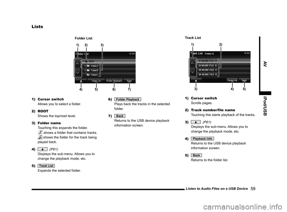 MITSUBISHI OUTLANDER SPORT 2014 3.G Display Audio Manual Listen to Audio Files on a USB Device 59
AViPod/USB
Lists
4)5)6)7)
1)2) 3)
Folder Lis t
1) Cursor switch
Allows you to select a folder.
2) ROOT Shows the topmost level.
3) Folder name
Touching t MITSUBISHI OUTLANDER SPORT 2014 3.G Display Audio Manual Listen to Audio Files on a USB Device 59
AViPod/USB
Lists
4)5)6)7)
1)2) 3)
Folder Lis t
1) Cursor switch
Allows you to select a folder.
2) ROOT Shows the topmost level.
3) Folder name
Touching t