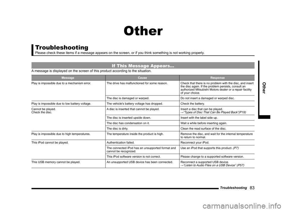 MITSUBISHI OUTLANDER SPORT 2014 3.G Display Audio Manual Troubleshooting 83
Other
Other
Troubleshooting
Please check these items if a message appears on the screen, or if you t\
hink something is not working properly.
If This Message Appears...
A messag MITSUBISHI OUTLANDER SPORT 2014 3.G Display Audio Manual Troubleshooting 83
Other
Other
Troubleshooting
Please check these items if a message appears on the screen, or if you t\
hink something is not working properly.
If This Message Appears...
A messag