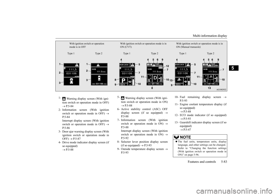 MITSUBISHI OUTLANDER SPORT 2014 3.G Owners Manual Multi-information display 
Features and controls 5-83
5
With ignition switch or operation  mode is in OFF 
With ignition switch or operation mode is in  ON (CVT) 
With ignition switch or  
operation m
