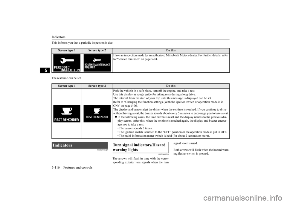 MITSUBISHI OUTLANDER SPORT 2014 3.G Owners Manual Indicators 5-116 Features and controls
5
This informs you that a periodic inspection is due. The rest time can be set.
N00519900127
N00520000216
The arrows will flash in time with the corre- sponding MITSUBISHI OUTLANDER SPORT 2014 3.G Owners Manual Indicators 5-116 Features and controls
5
This informs you that a periodic inspection is due. The rest time can be set.
N00519900127
N00520000216
The arrows will flash in time with the corre- sponding