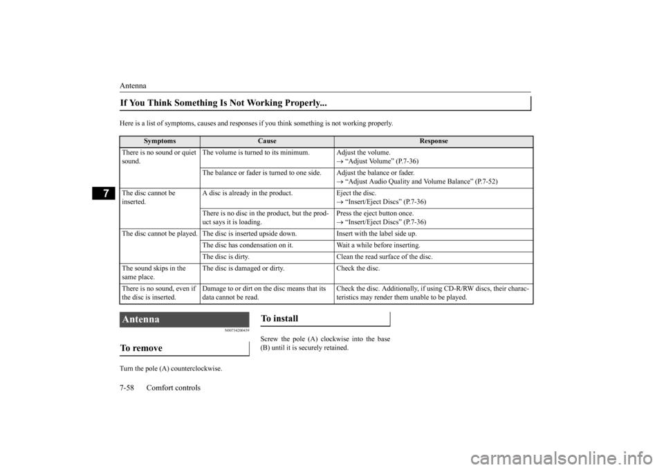 MITSUBISHI OUTLANDER SPORT 2014 3.G Owners Manual Antenna 7-58 Comfort controls
7
Here is a list of symptoms, causes and responses
if you think something is not working properly.
N00734200439
Turn the pole (A) counterclockwise.
Screw the pole (A) MITSUBISHI OUTLANDER SPORT 2014 3.G Owners Manual Antenna 7-58 Comfort controls
7
Here is a list of symptoms, causes and responses
if you think something is not working properly.
N00734200439
Turn the pole (A) counterclockwise.
Screw the pole (A)
