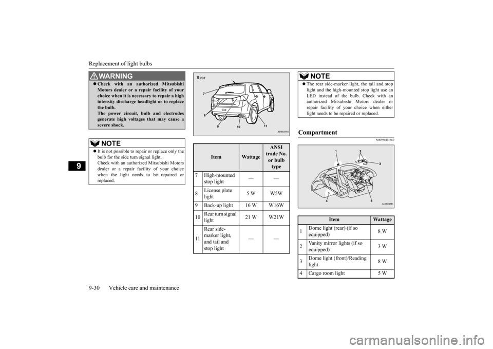 MITSUBISHI OUTLANDER SPORT 2014 3.G Owners Manual Replacement of light bulbs 9-30 Vehicle care and maintenance
9
N00950401669
WA R N I N G Check with an authorized Mitsubishi Motors dealer or a repair facility of your choice when it is necessary t MITSUBISHI OUTLANDER SPORT 2014 3.G Owners Manual Replacement of light bulbs 9-30 Vehicle care and maintenance
9
N00950401669
WA R N I N G Check with an authorized Mitsubishi Motors dealer or a repair facility of your choice when it is necessary t