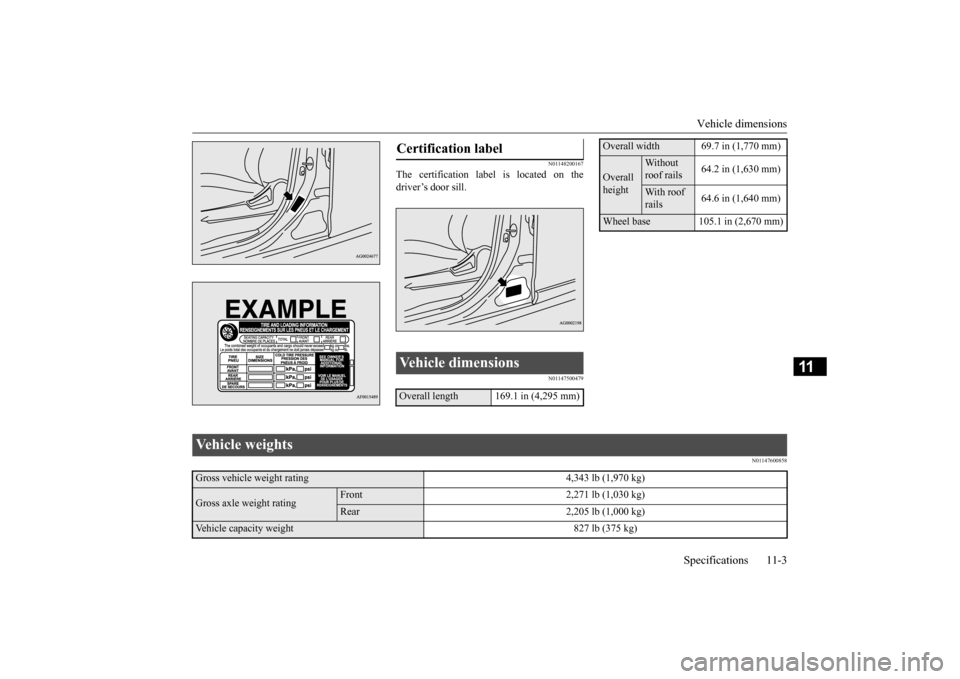 MITSUBISHI OUTLANDER SPORT 2014 3.G Owners Manual Vehicle dimensions
Specifications 11-3
11
N01148200167
The certification label is located on the driver’s door sill.
N01147500479
N01147600858
Certification label Vehicle dimensions Overall length MITSUBISHI OUTLANDER SPORT 2014 3.G Owners Manual Vehicle dimensions
Specifications 11-3
11
N01148200167
The certification label is located on the driver’s door sill.
N01147500479
N01147600858
Certification label Vehicle dimensions Overall length