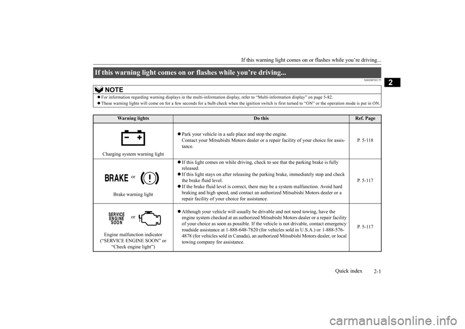 MITSUBISHI OUTLANDER SPORT 2014 3.G Owners Manual 2-1
2
If this warning light comes on or
 flashes while you’re driving...
Quick index
N00200702175
If this warning light comes on or flashes while you’re driving... 
NOTE
For information regardi