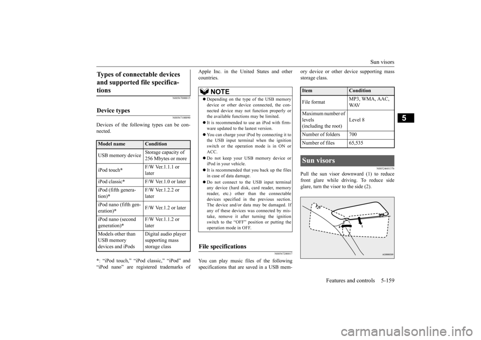 MITSUBISHI OUTLANDER SPORT 2015 3.G Owners Manual Sun visors 
Features and controls 5-159
5
N00567000015 N00567100090
Devices of the following types can be con- nected. * : “iPod touch,” “iPod classic,” “iPod” and “iPod nano” are regi