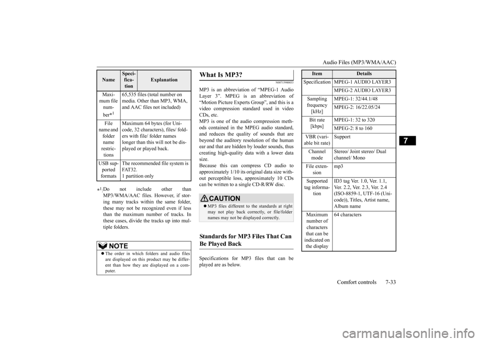 MITSUBISHI OUTLANDER SPORT 2015 3.G Owners Manual Audio Files (MP3/WMA/AAC) 
Comfort controls 7-33
7
N00715900033
MP3 is an abbreviation of “MPEG-1 Audio Layer 3”. MPEG is an abbreviation of“Motion Picture Experts Group”, and this is a video 