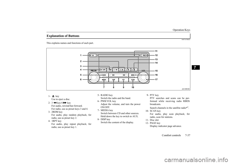 MITSUBISHI OUTLANDER SPORT 2015 3.G Owners Manual Operation Keys 
Comfort controls 7-37
7
N00716700025
This explains names and functions of each part.Explanation of Buttons 1-  key 
Use to eject a disc. 
2- 3  key/4  key 
For audio, rewind/fast forwa