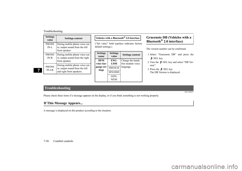 MITSUBISHI OUTLANDER SPORT 2015 3.G Owners Manual Troubleshooting 7-56 Comfort controls
7
(“Set value” bold typeface indicates factory default settings.)
The version number can be confirmed. 1. Select “Gracenote DB” and press the
/SEL key. MITSUBISHI OUTLANDER SPORT 2015 3.G Owners Manual Troubleshooting 7-56 Comfort controls
7
(“Set value” bold typeface indicates factory default settings.)
The version number can be confirmed. 1. Select “Gracenote DB” and press the
/SEL key.
