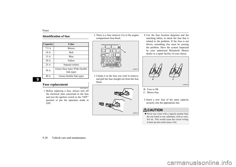 MITSUBISHI OUTLANDER SPORT 2015 3.G Owners Manual Fuses 9-28 Vehicle care and maintenance
9
N00954900128
1. Before replacing a fuse, always turn off the electrical item concerned to the fuse and turn the ignition switch to the “OFF”position or pu