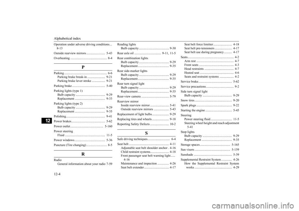 MITSUBISHI OUTLANDER SPORT 2015 3.G Owners Manual Alphabetical index 12-4
12
Operation under adverse driving conditions 
... 
8-13 Outside rearview mirrors 
.....................
5-43 
Overheating 
......................
...................
8-4
P
Par