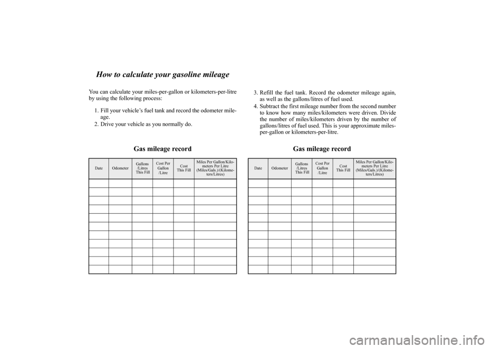MITSUBISHI OUTLANDER SPORT 2015 3.G Owners Manual How to calculate your gasoline mileage
You can calculate your miles-per-gallon or kilometers-per-litre
by using the following process:
1. Fill your vehicle’s fuel tank and record the odometer mile-
MITSUBISHI OUTLANDER SPORT 2015 3.G Owners Manual How to calculate your gasoline mileage
You can calculate your miles-per-gallon or kilometers-per-litre
by using the following process:
1. Fill your vehicle’s fuel tank and record the odometer mile-