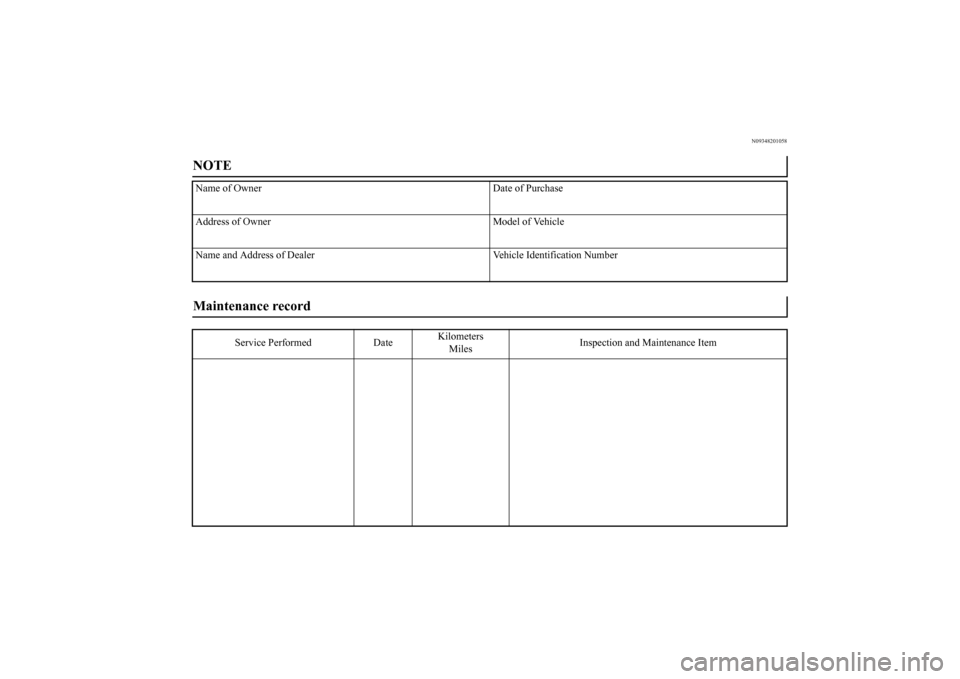 MITSUBISHI OUTLANDER SPORT 2015 3.G Owners Manual N09348201058
NOTE Name of Owner Date of Purchase
Address of Owner Model of Vehicle
Name and Address of Dealer Vehicle Identification NumberMaintenance record 
Service Performed DateKilometers
MilesIns
