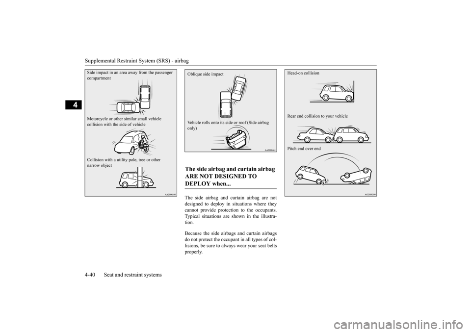 MITSUBISHI OUTLANDER SPORT 2015 3.G Repair Manual Supplemental Restraint System (SRS) - airbag 4-40 Seat and restraint systems
4
The side airbag and curtain airbag are not designed to deploy in situations where they cannot provide protection to the o MITSUBISHI OUTLANDER SPORT 2015 3.G Repair Manual Supplemental Restraint System (SRS) - airbag 4-40 Seat and restraint systems
4
The side airbag and curtain airbag are not designed to deploy in situations where they cannot provide protection to the o