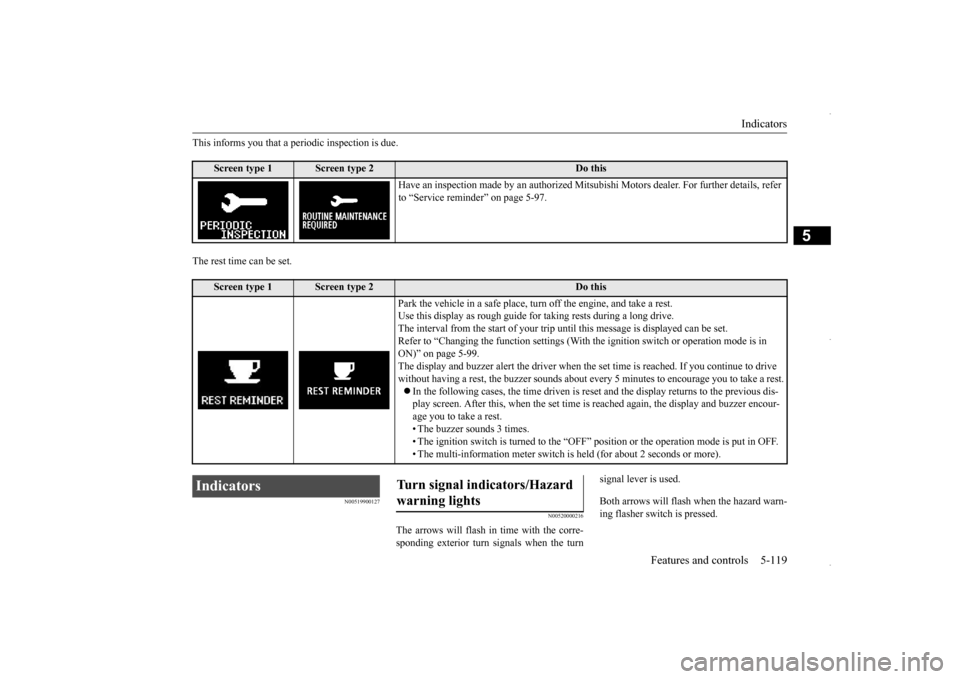 MITSUBISHI OUTLANDER SPORT 2016 3.G Owners Manual Indicators
Features and controls 5-119
5
This informs you that a periodic inspection is due. The rest time can be set.
N00519900127
N00520000216
The arrows will flash in time with the corre- spondin MITSUBISHI OUTLANDER SPORT 2016 3.G Owners Manual Indicators
Features and controls 5-119
5
This informs you that a periodic inspection is due. The rest time can be set.
N00519900127
N00520000216
The arrows will flash in time with the corre- spondin