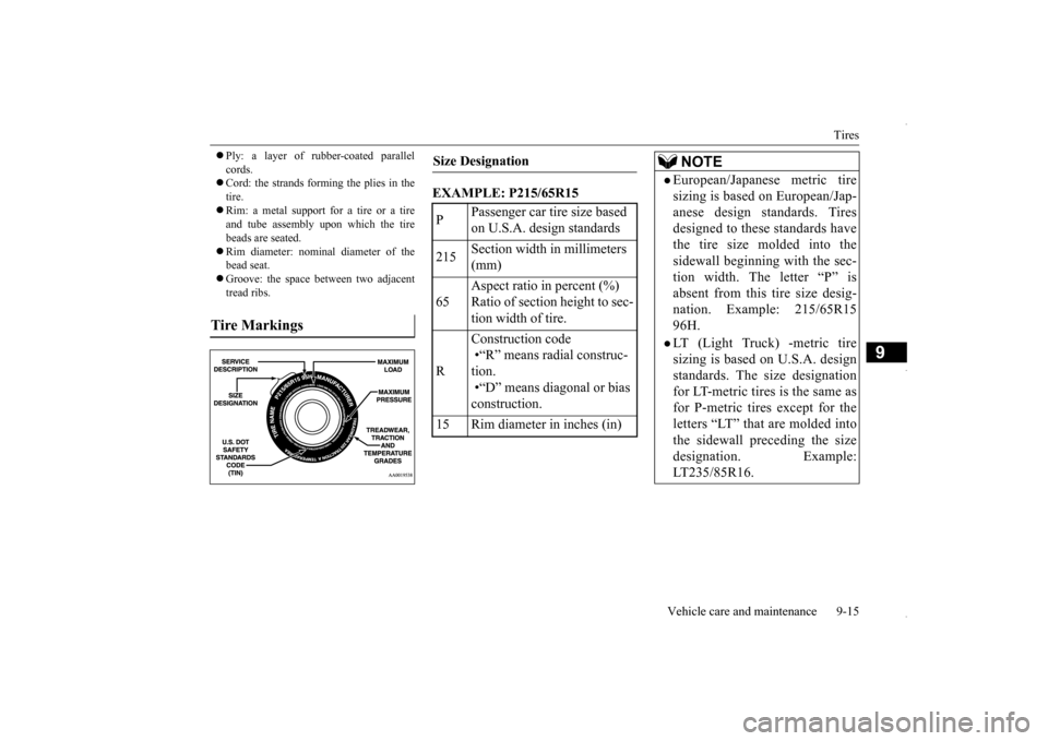 MITSUBISHI OUTLANDER SPORT 2016 3.G Owners Manual Tires
Vehicle care and maintenance 9-15
9
Ply: a layer of rubber-coated parallel cords. Cord: the strands forming the plies in the tire. Rim: a metal support for a tire or a tire and tube MITSUBISHI OUTLANDER SPORT 2016 3.G Owners Manual Tires
Vehicle care and maintenance 9-15
9
Ply: a layer of rubber-coated parallel cords. Cord: the strands forming the plies in the tire. Rim: a metal support for a tire or a tire and tube
