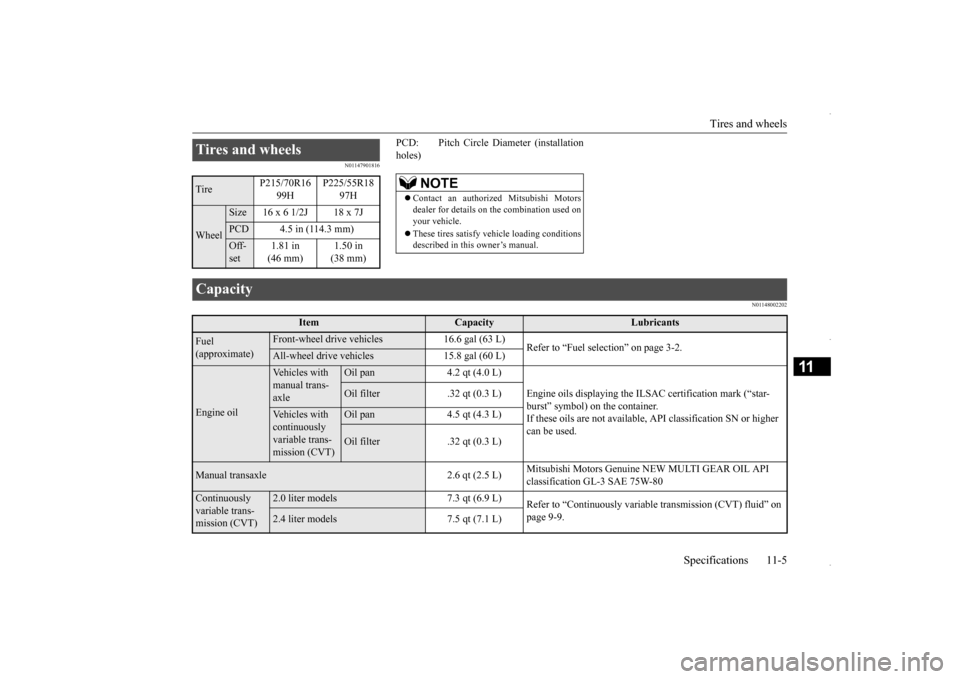 MITSUBISHI OUTLANDER SPORT 2016 3.G User Guide Tires and wheels 
Specifications 11-5
11
N01147901816
PCD:     Pitch Circle Diameter (installation holes)
N01148002202
Tires and wheels Tire 
P215/70R16  
99H 
P225/55R18  
97H
Wheel
Size 16 x 6 1/2J 