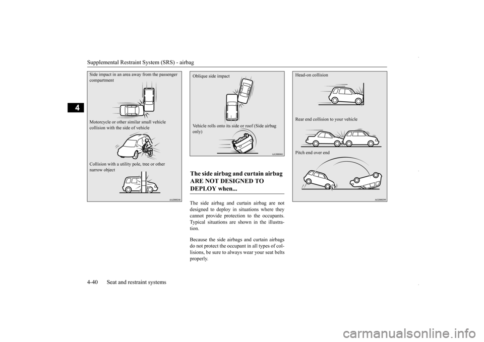 MITSUBISHI OUTLANDER SPORT 2016 3.G Workshop Manual Supplemental Restraint System (SRS) - airbag 4-40 Seat and restraint systems
4
The side airbag and curtain airbag are not designed to deploy in situations where they cannot provide protection to the o