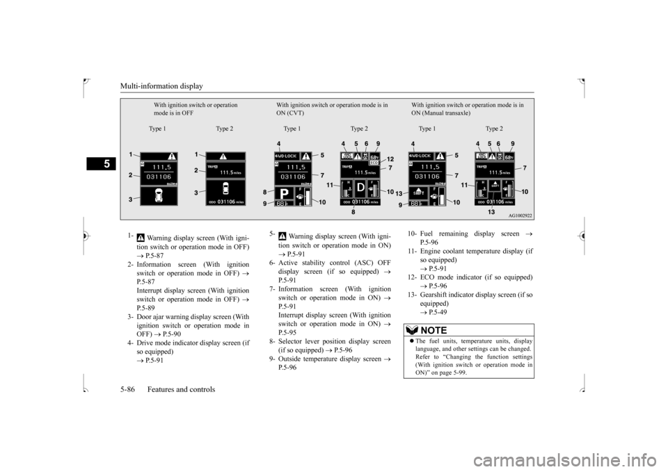 MITSUBISHI OUTLANDER SPORT 2017 3.G Owners Manual Multi-information display 5-86 Features and controls
5
With ignition switch or operation  mode is in OFF 
With ignition switch or operation mode is in  ON (CVT) 
With ignition switch or  
operation mo