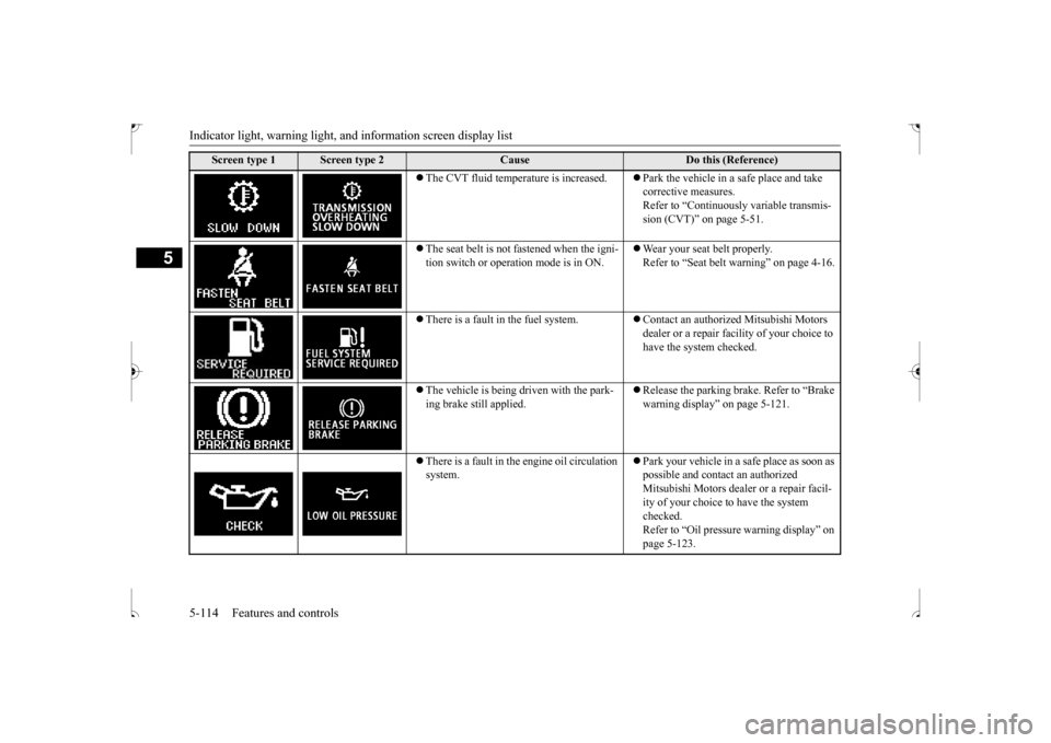 MITSUBISHI OUTLANDER SPORT 2017 3.G Owners Manual Indicator light, warning light, an
d information screen display list 
5-114 Features and controls
5
 The CVT fluid temperature is increased.
Park the vehicle in a safe place and take  corrective