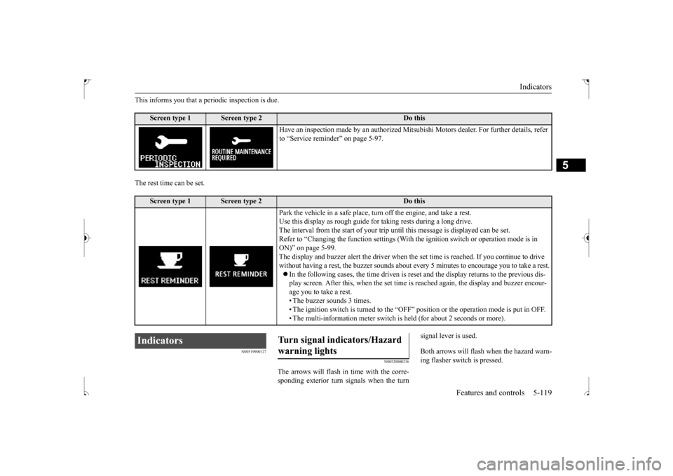 MITSUBISHI OUTLANDER SPORT 2017 3.G Owners Manual Indicators
Features and controls 5-119
5
This informs you that a periodic inspection is due. The rest time can be set.
N00519900127
N00520000216
The arrows will flash in time with the corre- spondin MITSUBISHI OUTLANDER SPORT 2017 3.G Owners Manual Indicators
Features and controls 5-119
5
This informs you that a periodic inspection is due. The rest time can be set.
N00519900127
N00520000216
The arrows will flash in time with the corre- spondin