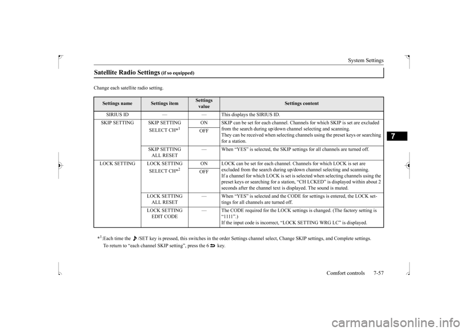 MITSUBISHI OUTLANDER SPORT 2017 3.G Owners Manual System Settings 
Comfort controls 7-57
7
Change each satellite radio setting.Satellite Radio Settings
 (if so equipped)
Settings name
Settings item
Settings  value
Settings content 
SIRIUS ID — — 