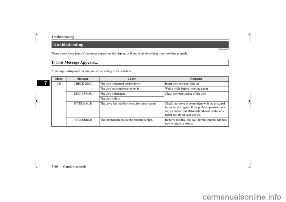 MITSUBISHI OUTLANDER SPORT 2017 3.G Owners Manual Troubleshooting 7-60 Comfort controls
7
N00718600057
Please check these items if a message appears on the displa 
y, or if you think something is not working properly. 
A message is displayed on this 