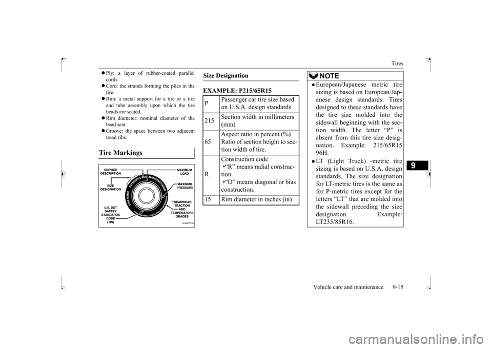 MITSUBISHI OUTLANDER SPORT 2017 3.G Owners Manual Tires 
Vehicle care and maintenance 9-15
9
 Ply: a layer of rubber-coated parallel cords.  Cord: the strands forming the plies in the tire. Rim: a metal support for a tire or a tire and tube 