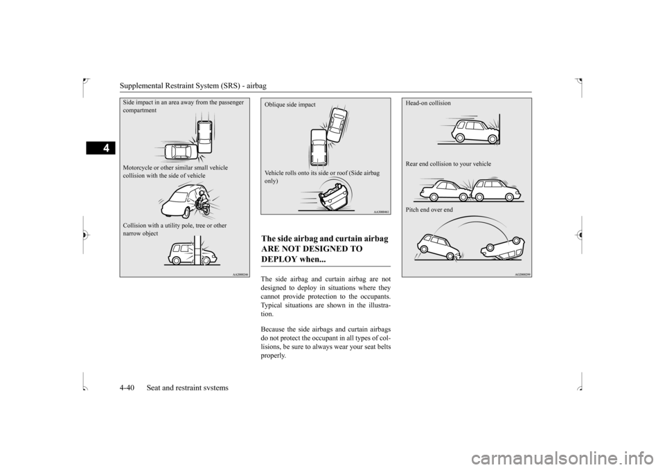 MITSUBISHI OUTLANDER SPORT 2017 3.G Repair Manual Supplemental Restraint System (SRS) - airbag 4-40 Seat and restraint systems
4
The side airbag and curtain airbag are not designed to deploy in situations where they cannot provide protection to the o MITSUBISHI OUTLANDER SPORT 2017 3.G Repair Manual Supplemental Restraint System (SRS) - airbag 4-40 Seat and restraint systems
4
The side airbag and curtain airbag are not designed to deploy in situations where they cannot provide protection to the o