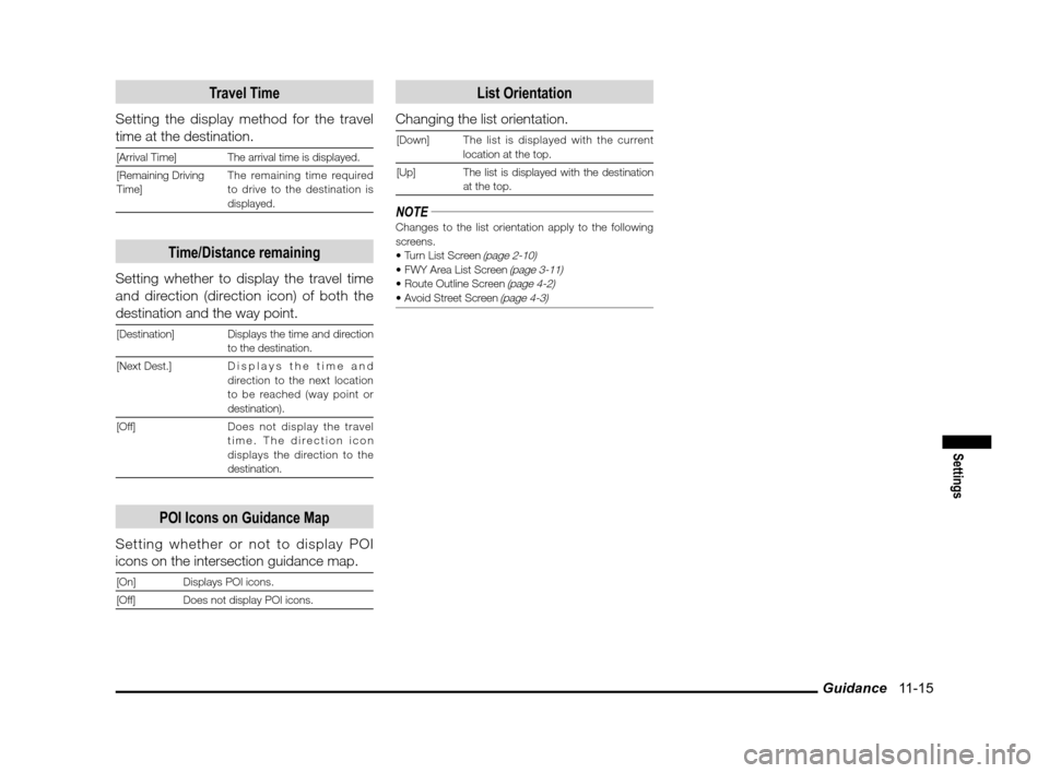 MITSUBISHI iMiEV 2012 1.G MMCS Manual Guidance   11-15
Settings
Travel Time
Setting the display method for the travel 
time at the destination.
[Arrival Time] The arrival time is displayed.
[Remaining Driving 
Time]The remaining time requ