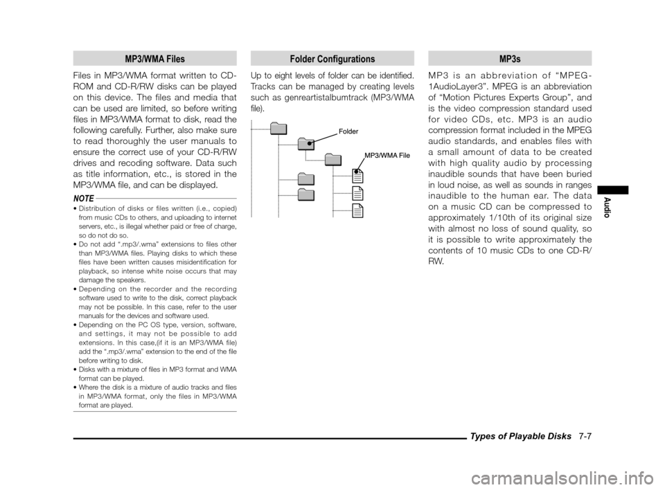 MITSUBISHI iMiEV 2012 1.G MMCS Manual Types of Playable Disks   7-7
Audio
MP3/WMA Files
Files in MP3/WMA format written to CD-
ROM and CD-R/RW disks can be played 
on this device. The files and media that 
can be used are limited, so befo
