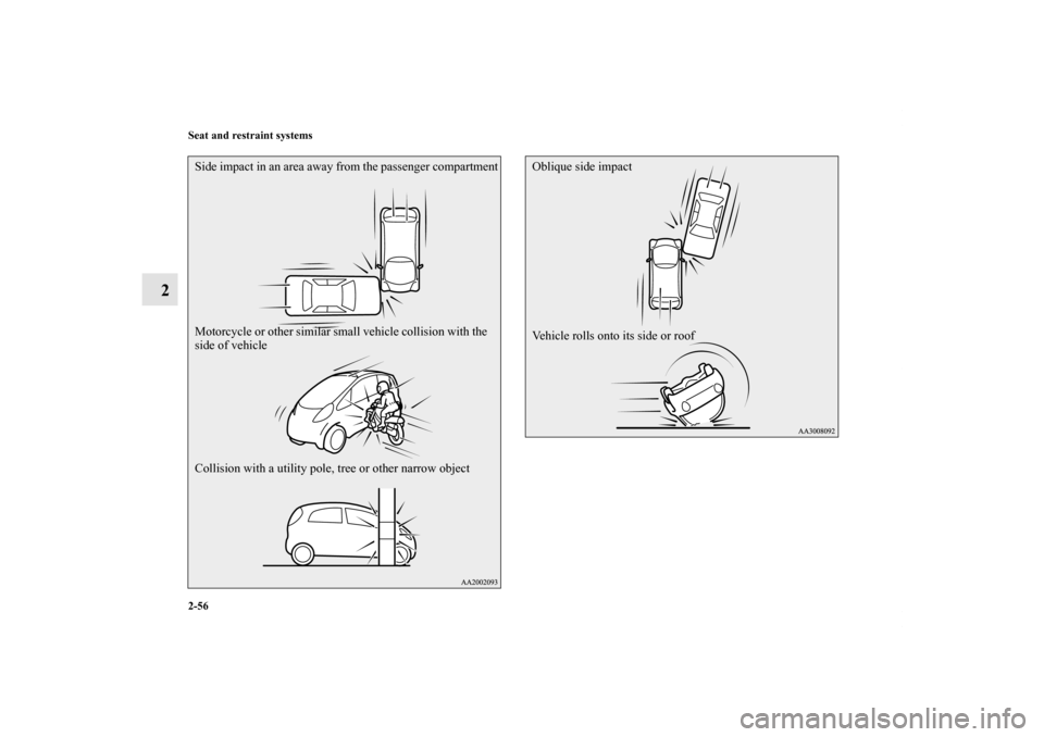 MITSUBISHI iMiEV 2012 1.G Owners Manual 2-56 Seat and restraint systems
2
Side impact in an area away from the passenger compartment
Motorcycle or other similar small vehicle collision with the 
side of vehicle
Collision with a utility pole
