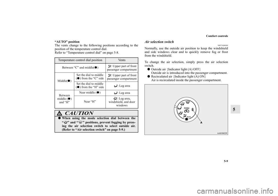 MITSUBISHI iMiEV 2012 1.G Owners Manual Comfort controls
5-9
5
“AUTO” position
The vents change to the following positions according to the
position of the temperature control dial.
Refer to “Temperature control dial” on page 5-8.
A