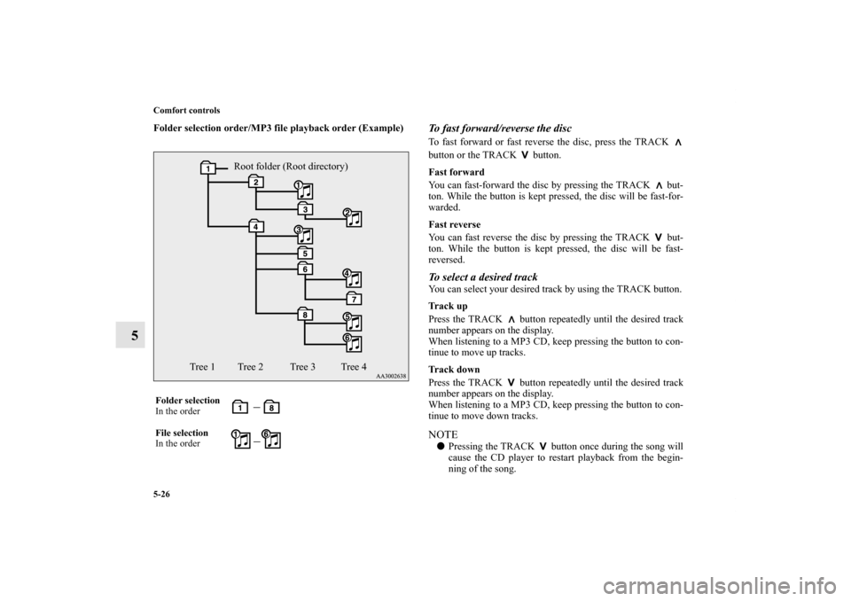 MITSUBISHI iMiEV 2012 1.G Owners Manual 5-26 Comfort controls
5
Folder selection order/MP3 file playback order (Example)
To fast forward/reverse the discTo fast forward or fast reverse the disc, press the TRACK 
button or the TRACK   button