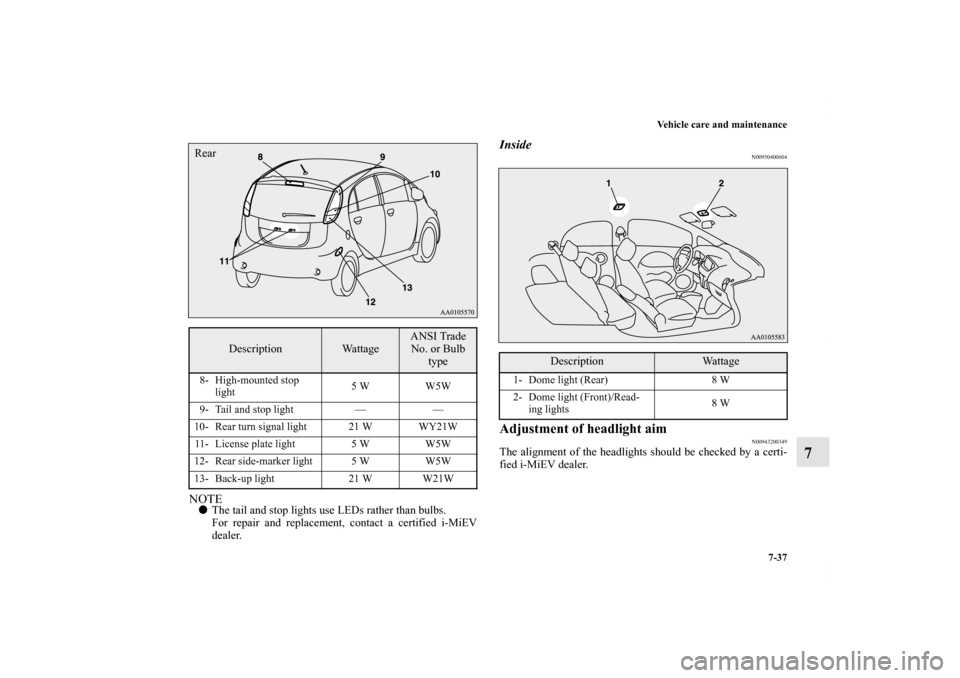 MITSUBISHI iMiEV 2012 1.G Owners Manual Vehicle care and maintenance
7-37
7
NOTEThe tail and stop lights use LEDs rather than bulbs.
For repair and replacement, contact a certified i-MiEV
dealer.
Inside
N00950400604
Adjustment of headlight