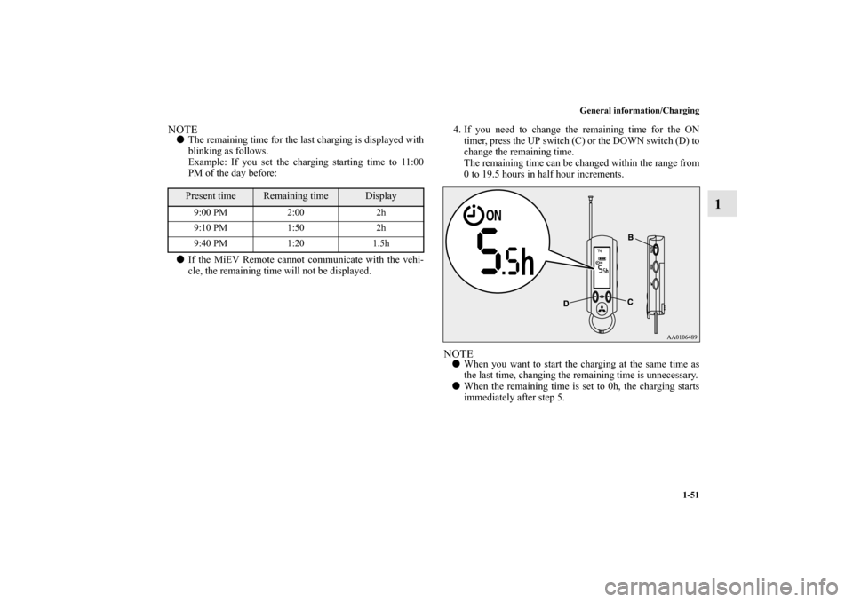 MITSUBISHI iMiEV 2012 1.G Repair Manual General information/Charging
1-51
1
NOTEThe remaining time for the last charging is displayed with
blinking as follows.
Example: If you set the charging starting time to 11:00
PM of the day before:
