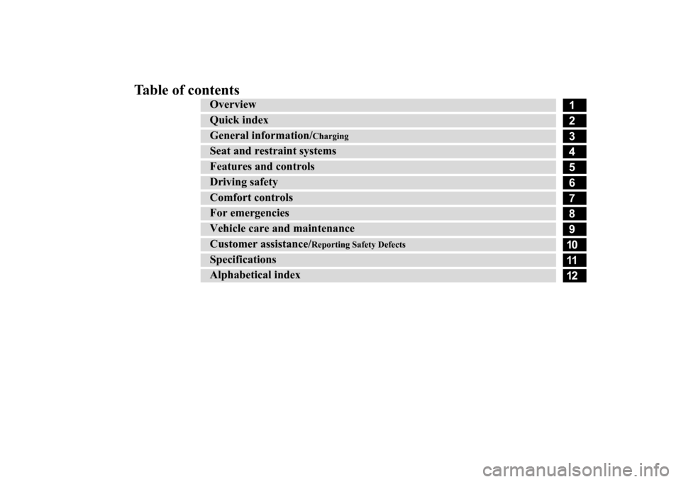 MITSUBISHI iMiEV 2014 1.G Owners Manual Table of contents
123456789101112
Overview Quick indexGeneral information/
Charging
Seat and restraint systemsFeatures and controlsDriving safetyComfort controlsFor emergenciesVehicle care a 
nd maint