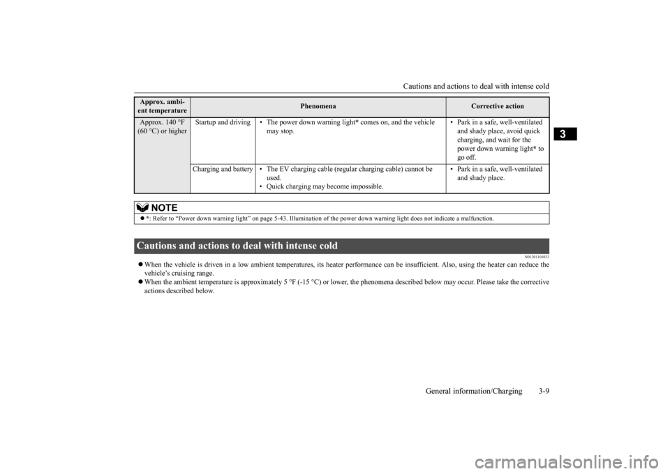 MITSUBISHI iMiEV 2014 1.G Owners Manual Cautions and actions to deal with intense cold
General information/Charging 3-9
3
N01201101033
When the vehicle is driven in a low ambient temperatures, its he
ater performance can be insuffic
ie MITSUBISHI iMiEV 2014 1.G Owners Manual Cautions and actions to deal with intense cold
General information/Charging 3-9
3
N01201101033
When the vehicle is driven in a low ambient temperatures, its he
ater performance can be insuffic
ie