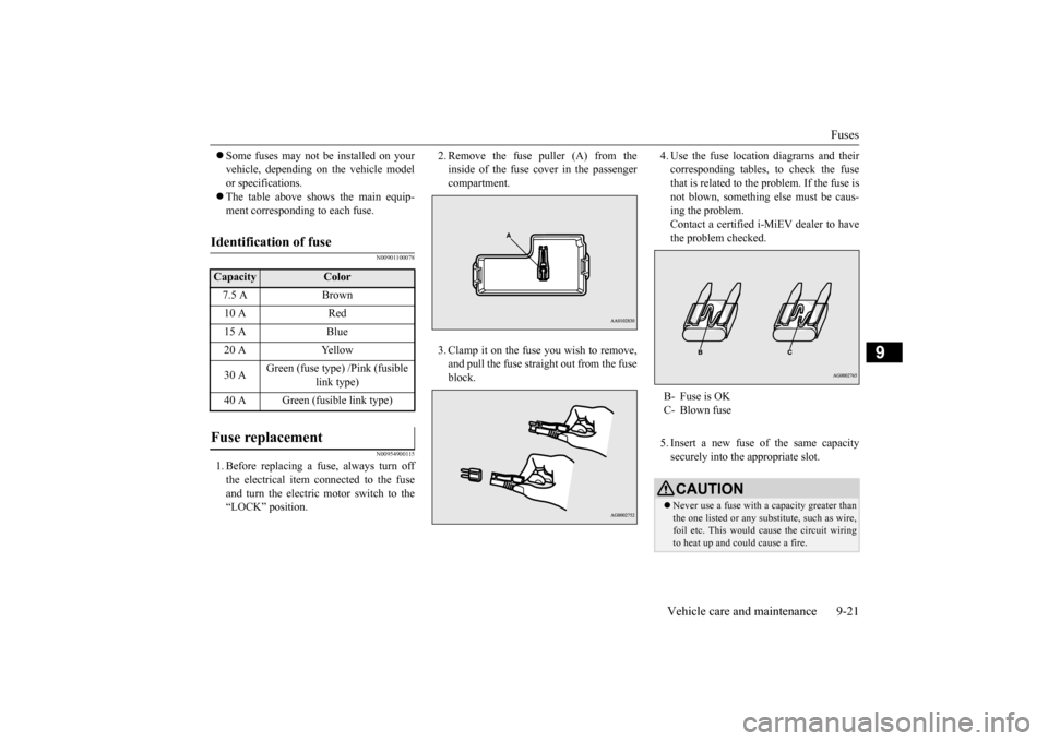 MITSUBISHI iMiEV 2014 1.G Owners Manual Fuses 
Vehicle care and maintenance 9-21
9
 Some fuses may not be installed on your vehicle, depending on  
the vehicle model 
or specifications.  The table above show
s the main equip- 
ment co