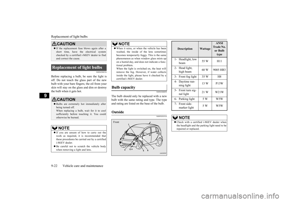 MITSUBISHI iMiEV 2014 1.G Owners Manual Replacement of light bulbs 9-22 Vehicle care and maintenance
9
N00942900336
Before replacing a bulb,
be sure the light is
off. Do not touch the glass part of the newbulb with your bare fingers; the MITSUBISHI iMiEV 2014 1.G Owners Manual Replacement of light bulbs 9-22 Vehicle care and maintenance
9
N00942900336
Before replacing a bulb,
be sure the light is
off. Do not touch the glass part of the newbulb with your bare fingers; the