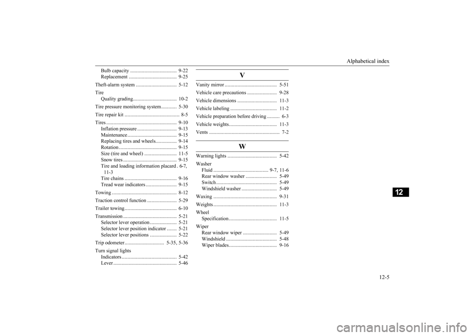 MITSUBISHI iMiEV 2014 1.G Owners Manual Alphabetical index 
12-5
12
Bulb capacity 
.................................
9-22 
Replacement 
..................................
9-25 
Theft-alarm system 
.............................
5-12 
Tire 
Q