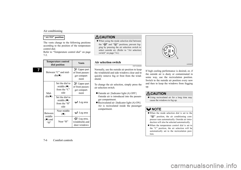 MITSUBISHI iMiEV 2016 1.G Owners Manual Air conditioning 7-6 Comfort controls
7
The vents change to the following positions according to the position of the temperaturecontrol dial. Refer to “Temperature
control dial” on page
7-5.
N0 MITSUBISHI iMiEV 2016 1.G Owners Manual Air conditioning 7-6 Comfort controls
7
The vents change to the following positions according to the position of the temperaturecontrol dial. Refer to “Temperature
control dial” on page
7-5.
N0
