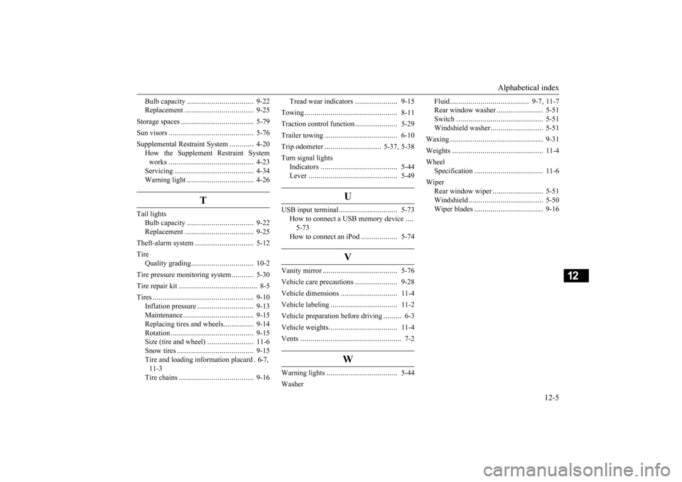 MITSUBISHI iMiEV 2016 1.G Owners Manual Alphabetical index 
12-5
12
Bulb capacity 
.................................
9-22 
Replacement 
..................................
9-25 
Storage spaces 
....................................
5-79 
Sun 