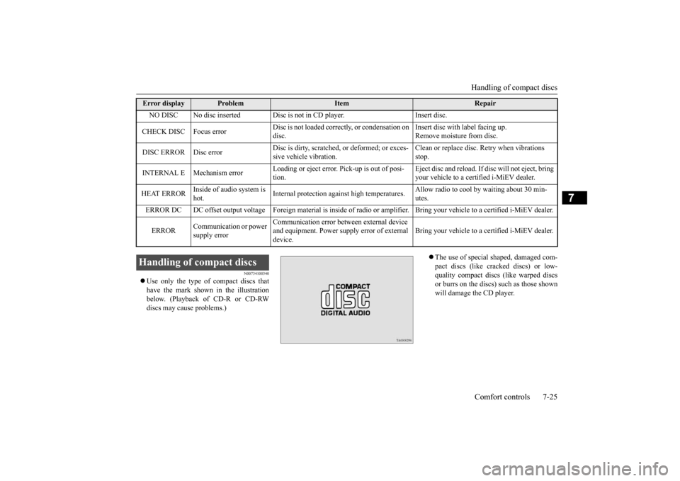 MITSUBISHI iMiEV 2017 1.G Owners Manual Handling of compact discs Comfort controls 7-25
7
N00734100340
Use only the type of compact discs that have the mark shown in the illustration below. (Playback of CD-R or CD-RW discs may cause pro MITSUBISHI iMiEV 2017 1.G Owners Manual Handling of compact discs Comfort controls 7-25
7
N00734100340
Use only the type of compact discs that have the mark shown in the illustration below. (Playback of CD-R or CD-RW discs may cause pro