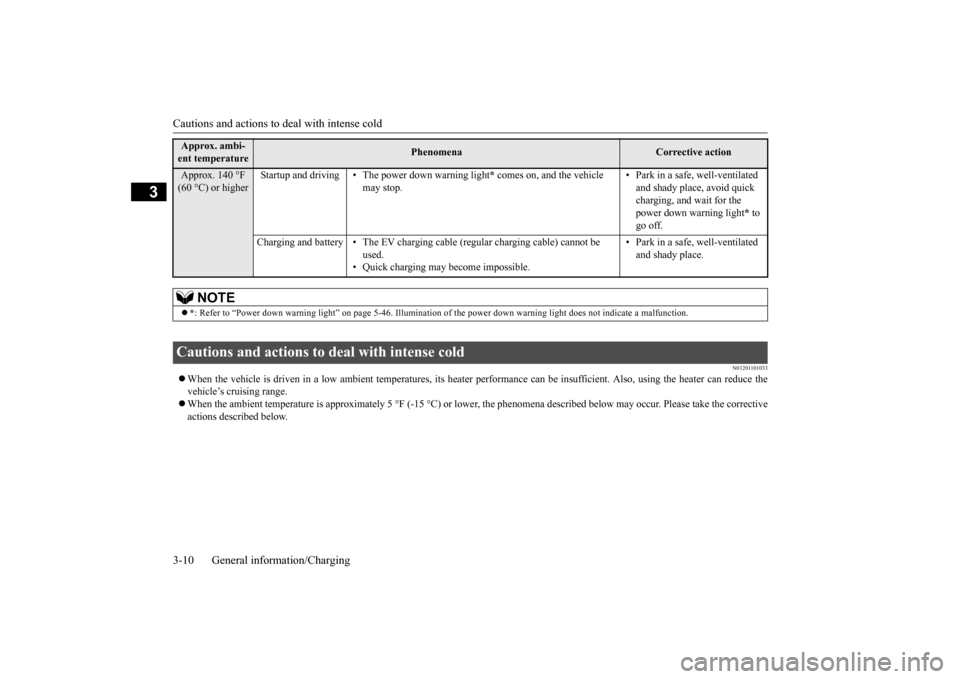 MITSUBISHI iMiEV 2017 1.G Owners Manual Cautions and actions to deal with intense cold 3-10 General information/Charging
3
N01201101033
 When the vehicle is driven in a low ambient temperatures, its he
ater performance can be insuffic
ie